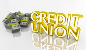 CreditUnionAccountBorrowMoneyFinancialInstitutionAccount3dIllustration - WGTech - WGTech Bold gold 3D text reads CREDIT UNION with bundles of cash on the left, reflecting financial services.