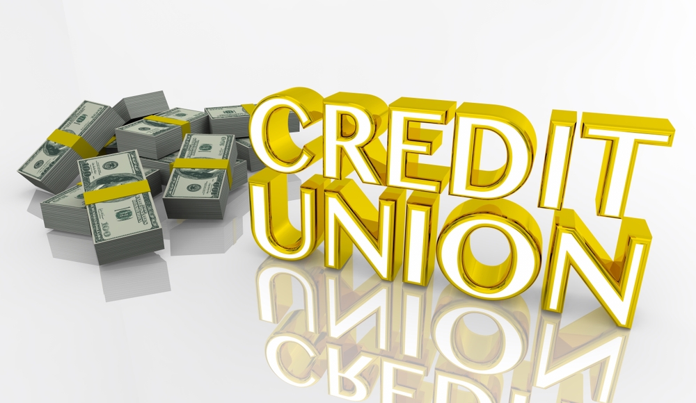 Bold gold 3D text reads CREDIT UNION with bundles of cash on the left, reflecting financial services.